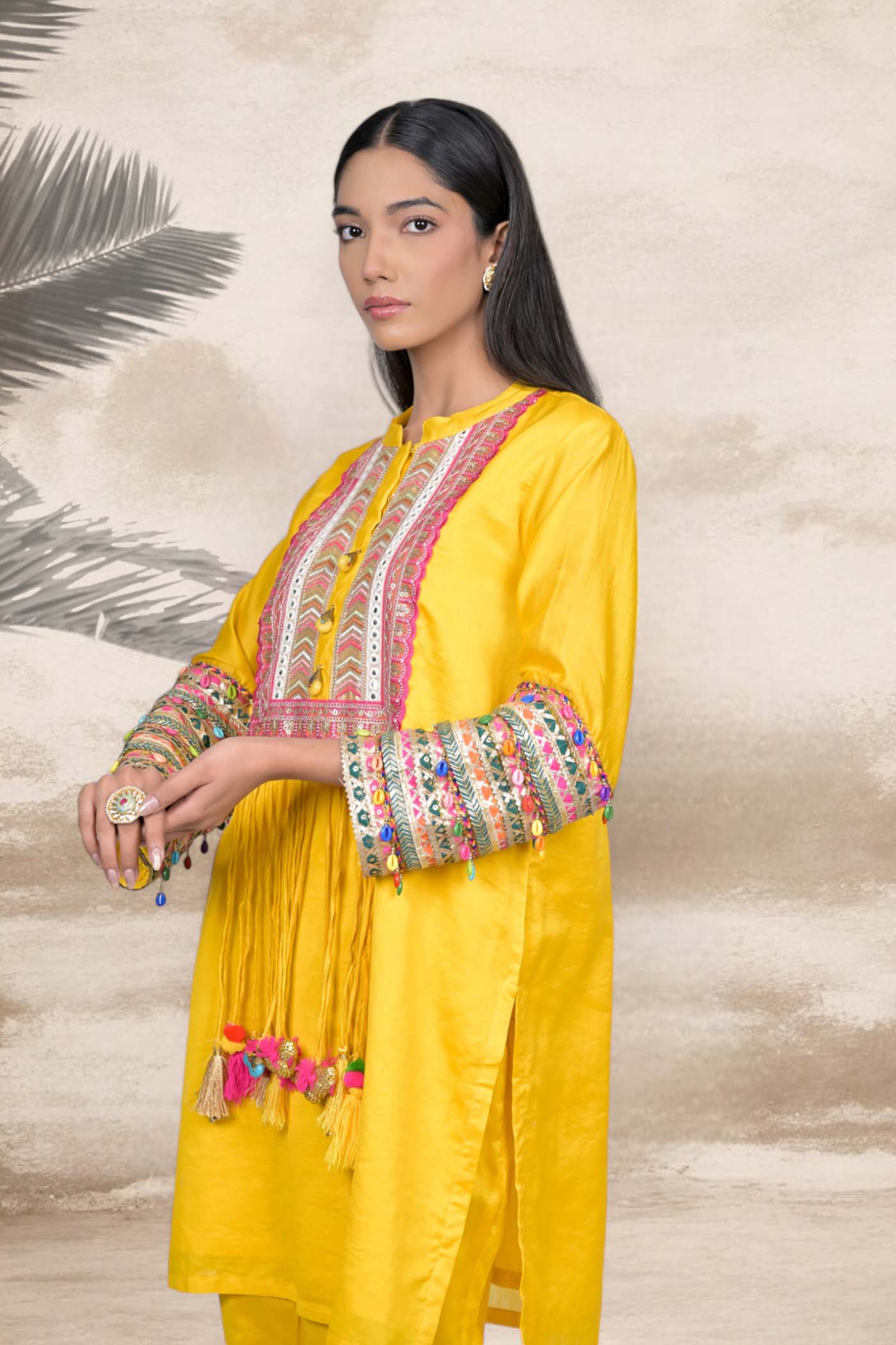 Sunshine Yellow Embroidered Kurta Set with Tassel Detail