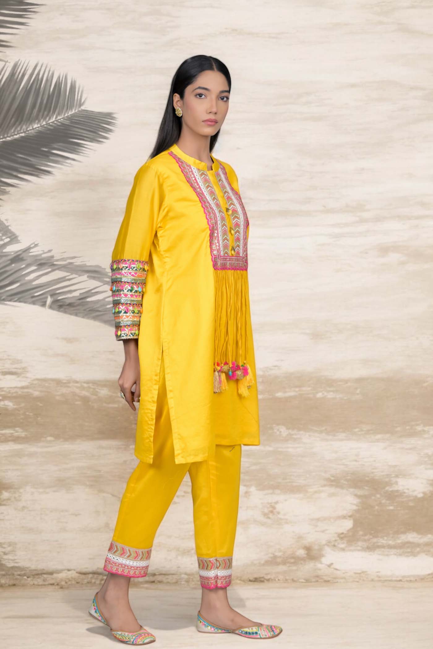 Sunshine Yellow Embroidered Kurta Set with Tassel Detail