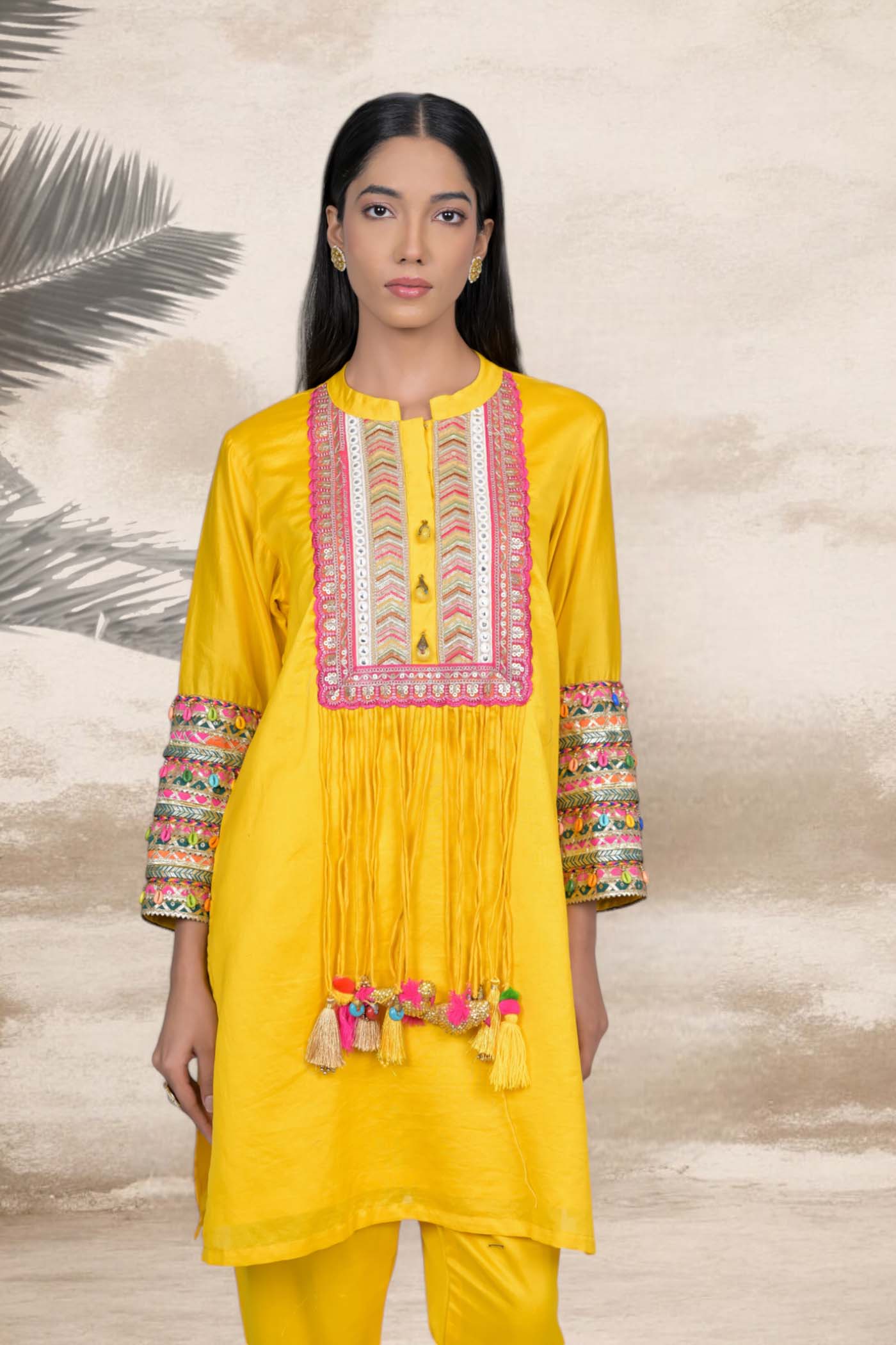 Sunshine Yellow Embroidered Kurta Set with Tassel Detail