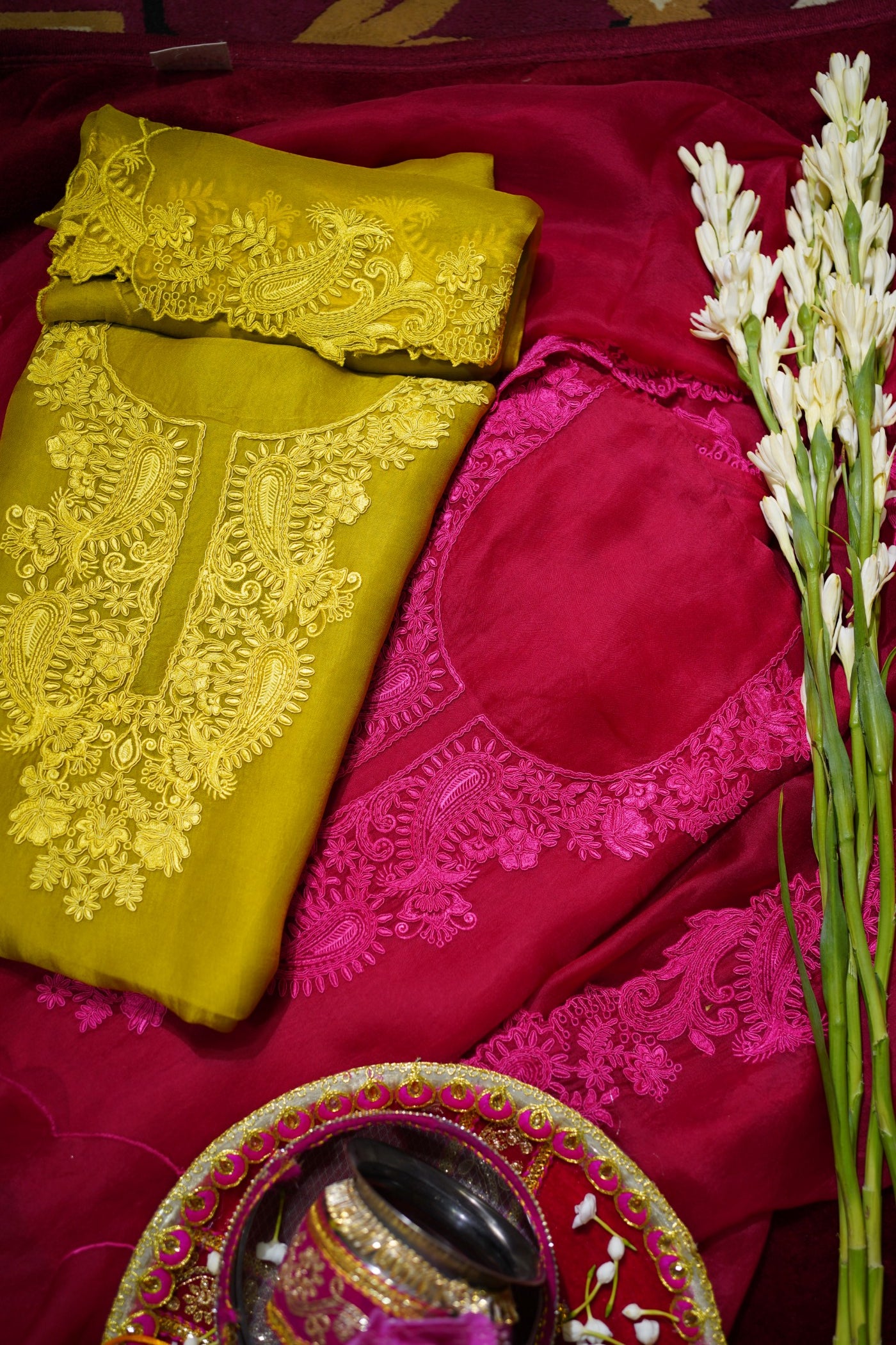 Rani Pink Pure Banaras Organza Suit Set