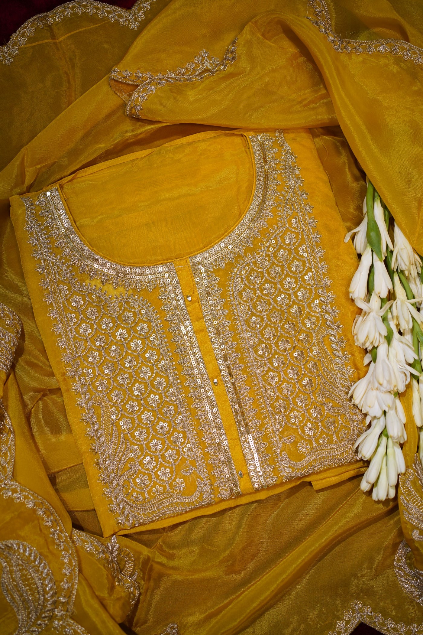 Yellow Banarasi Organza Suit Set