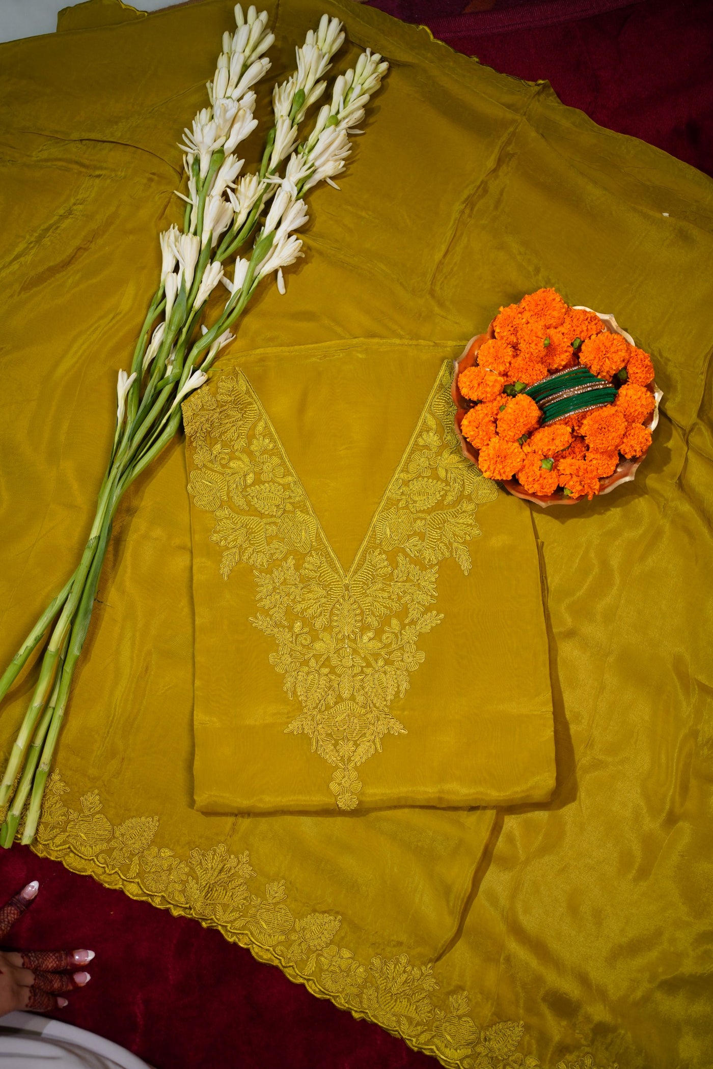 Mustard Yellow Banarasi Unstitched Suit Set