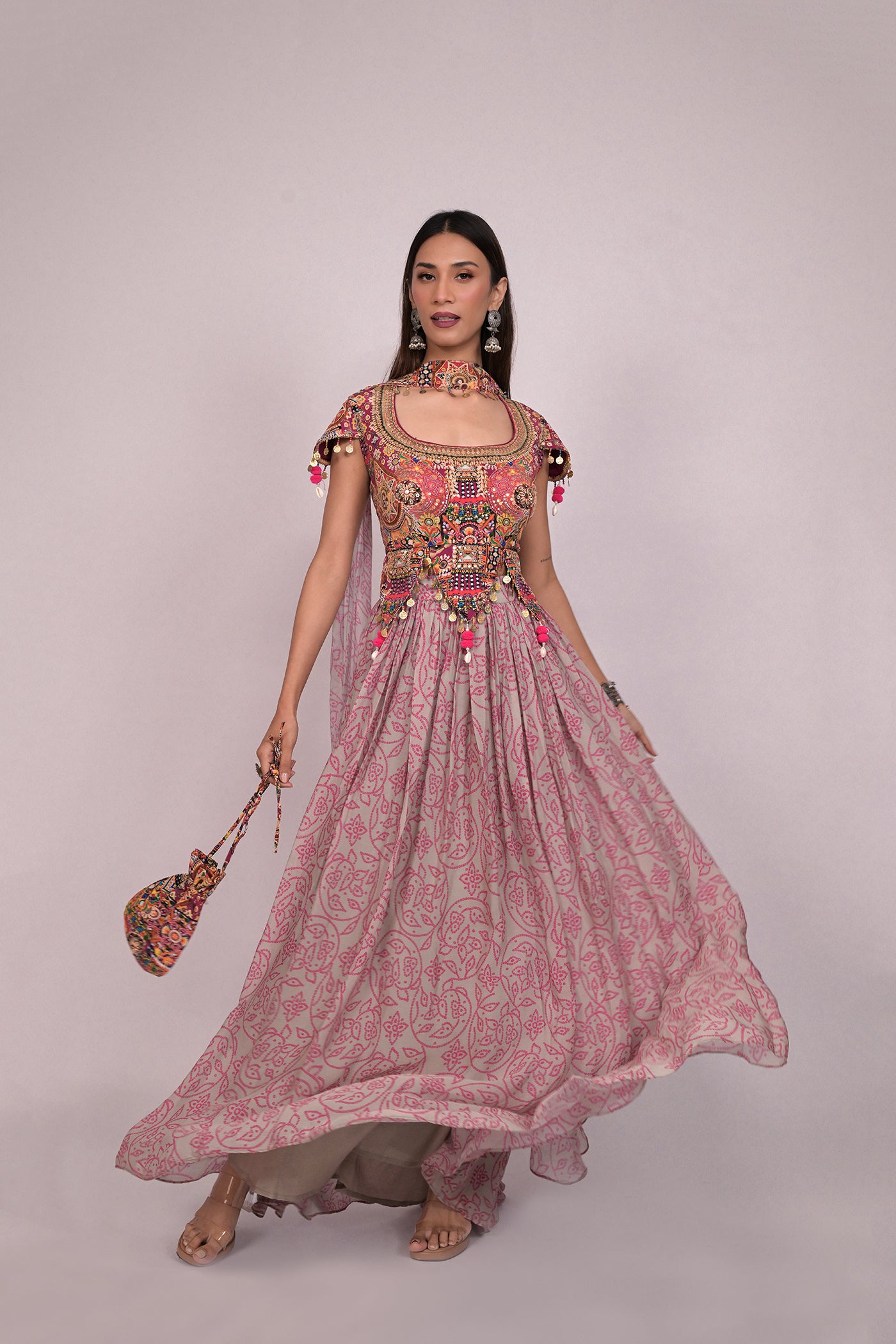 Designer crop top with skirt and chokar dupatta