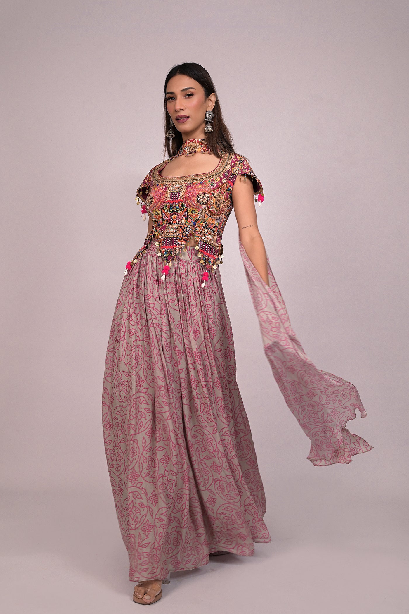 Designer crop top with skirt and chokar dupatta