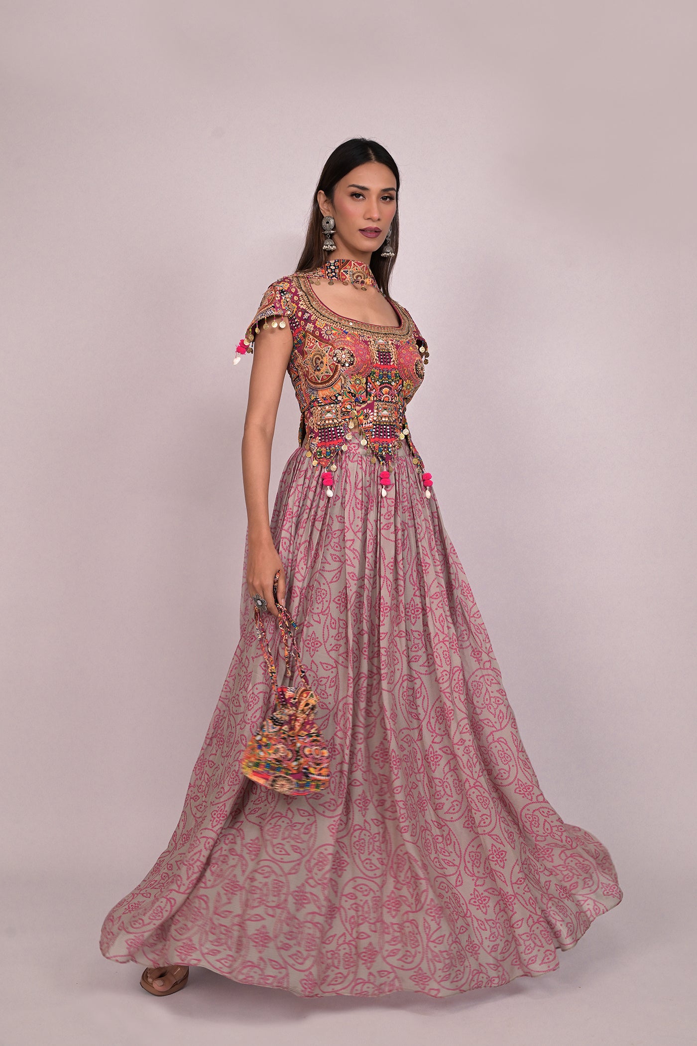 Designer crop top with skirt and chokar dupatta