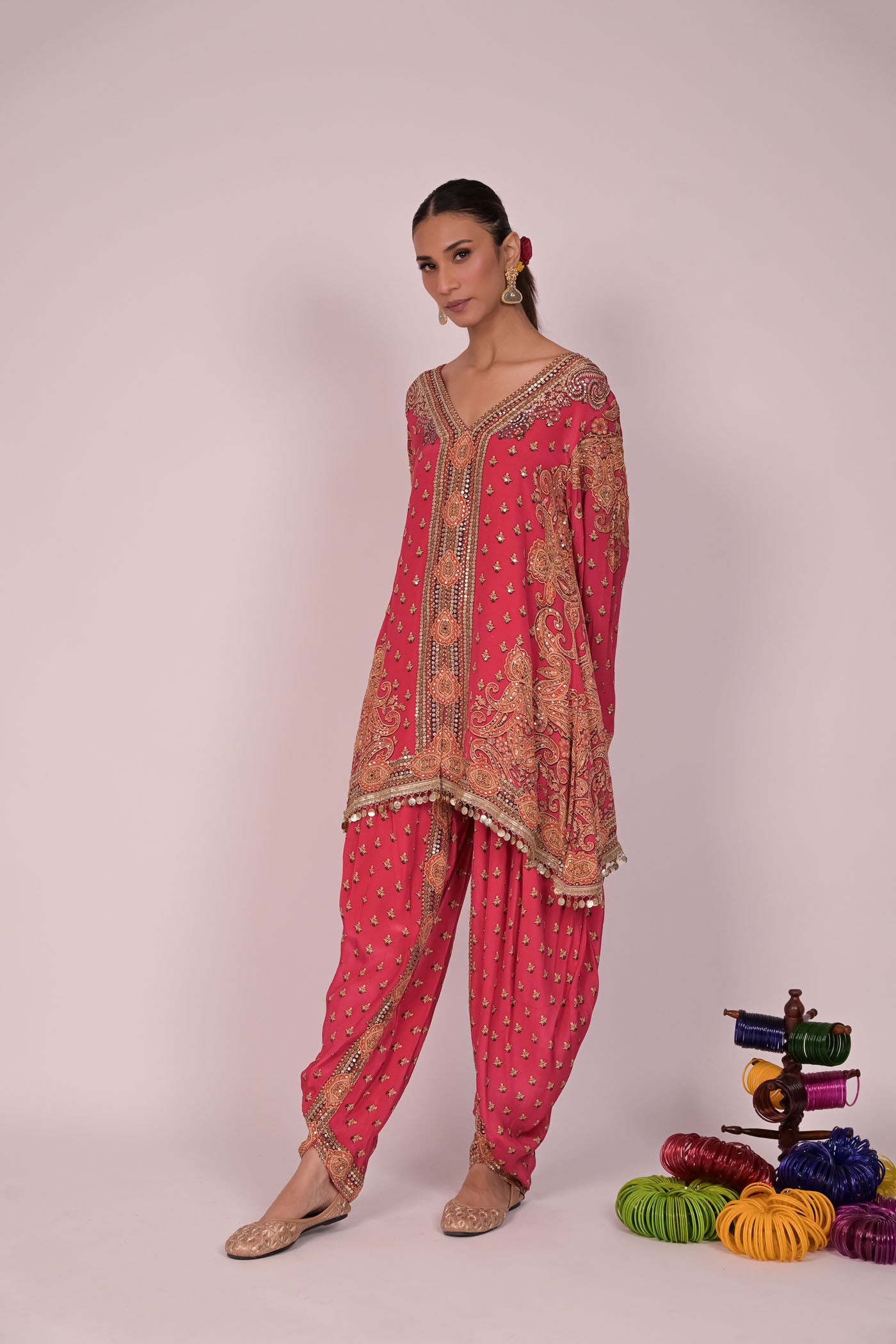 Pink and golden print work on Coord set