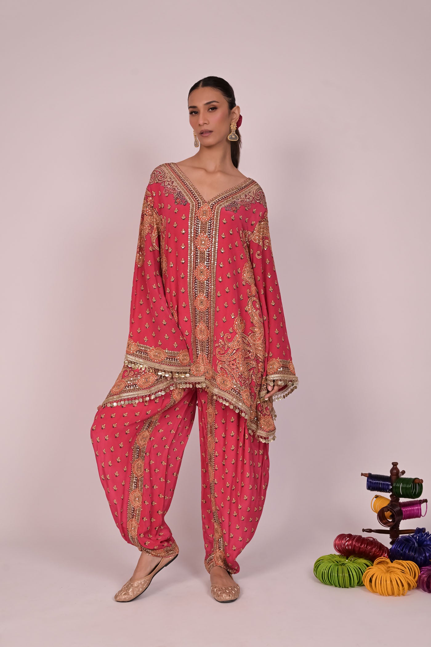 Pink and golden print work on Coord set