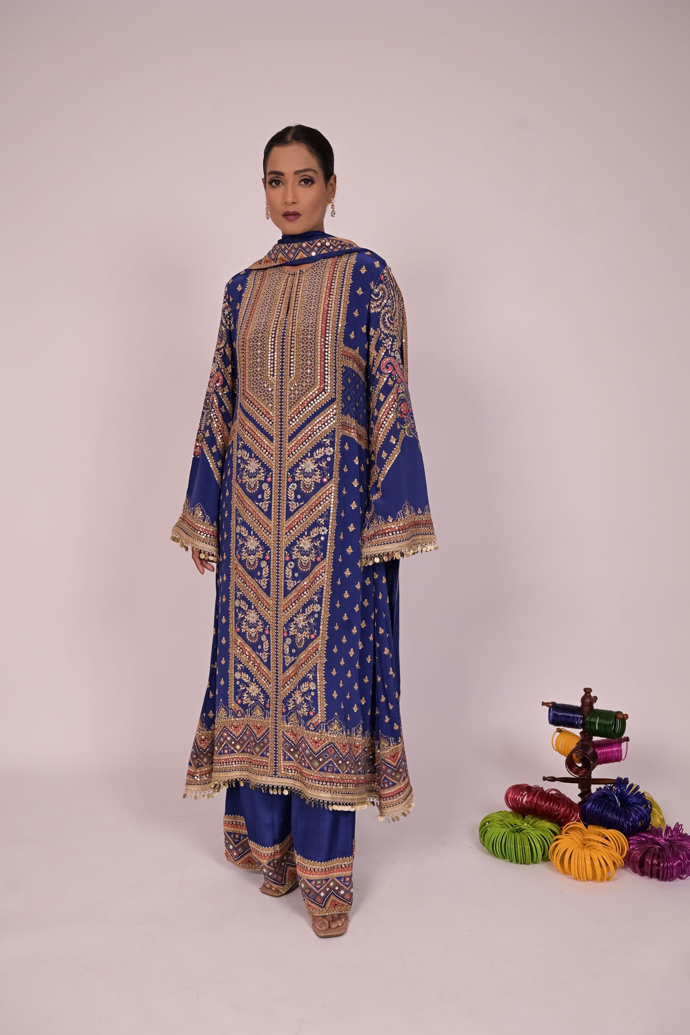 Long Arnarkali suit with wide legged pants and dupatta