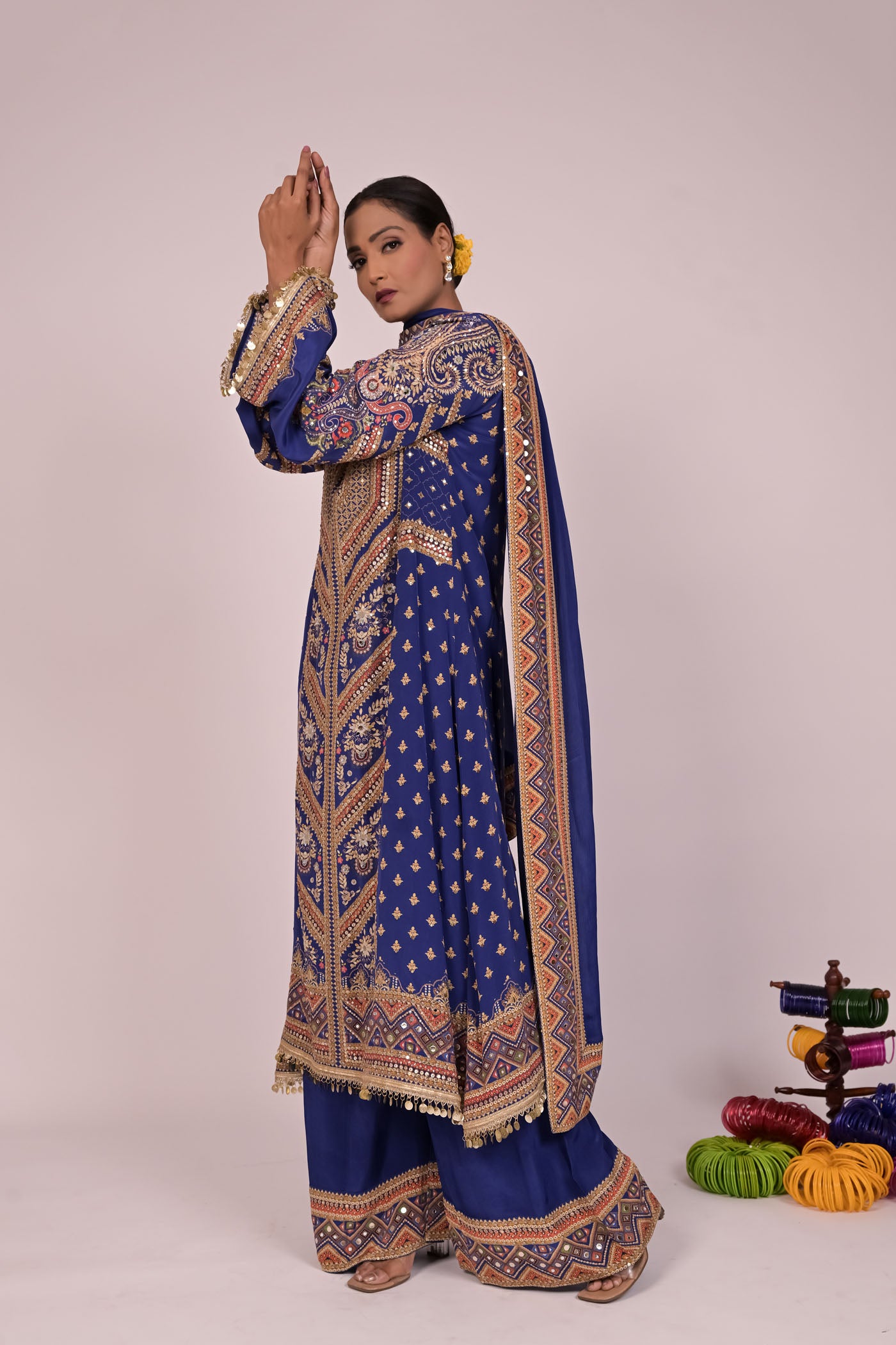 Long Arnarkali suit with wide legged pants and dupatta