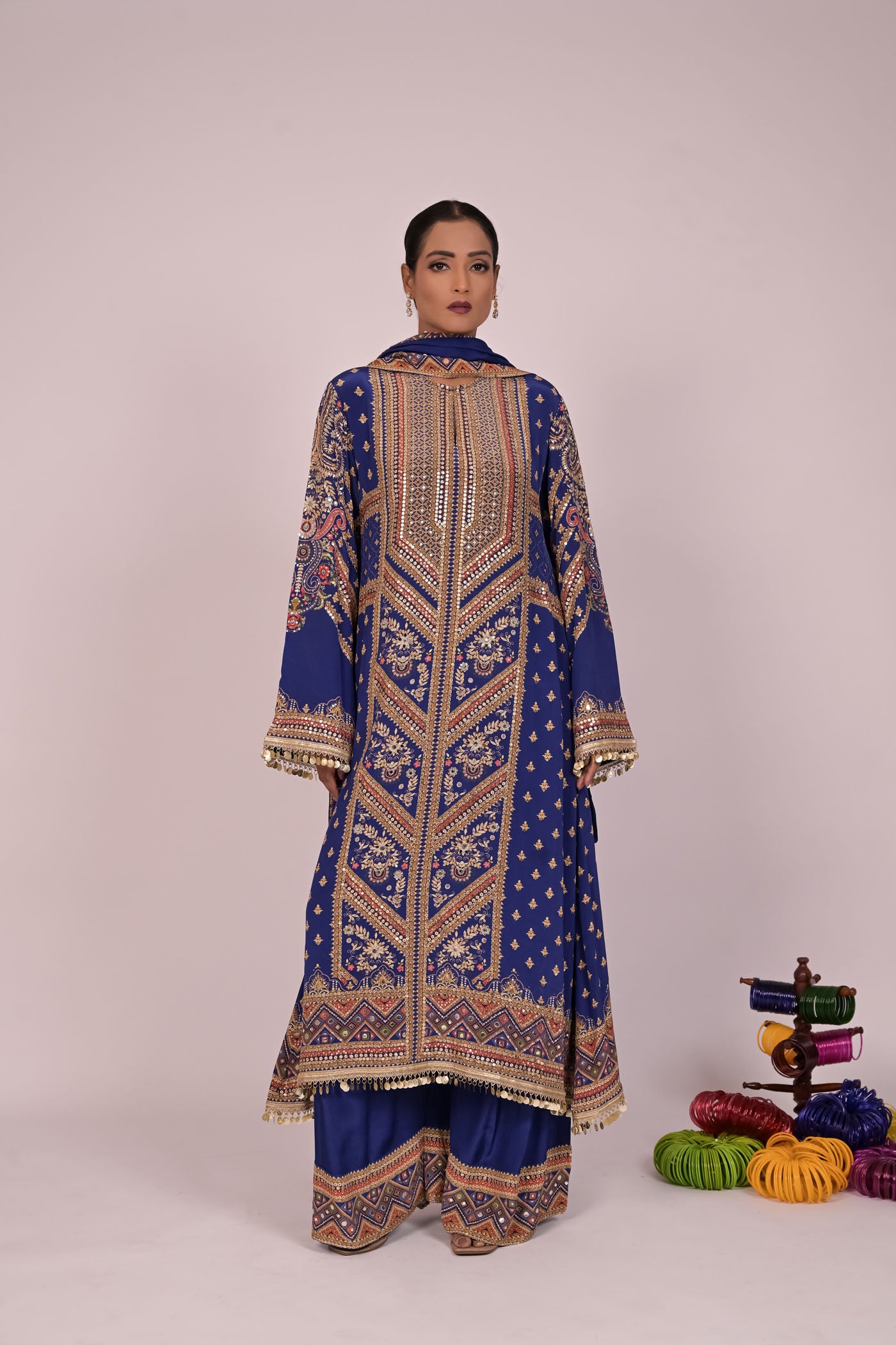 Long Arnarkali suit with wide legged pants and dupatta