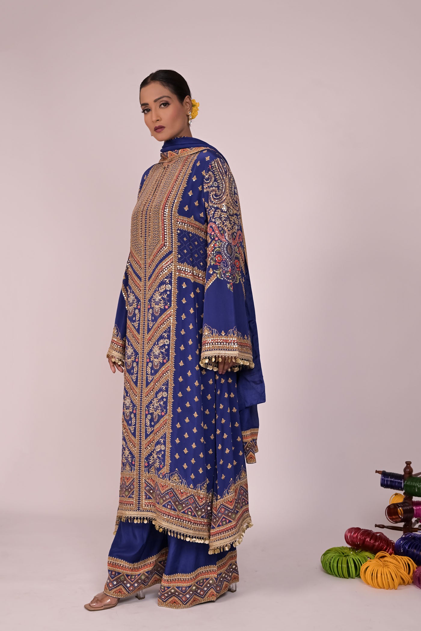 Long Arnarkali suit with wide legged pants and dupatta