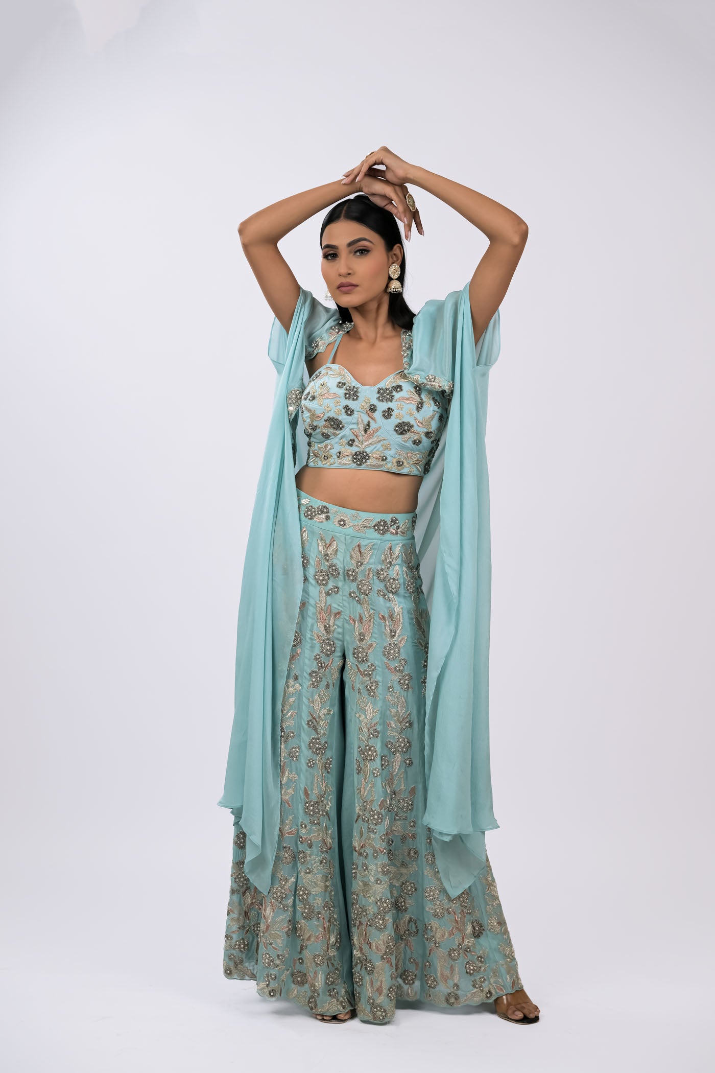 Aqua Mist Embroidered Cape Set