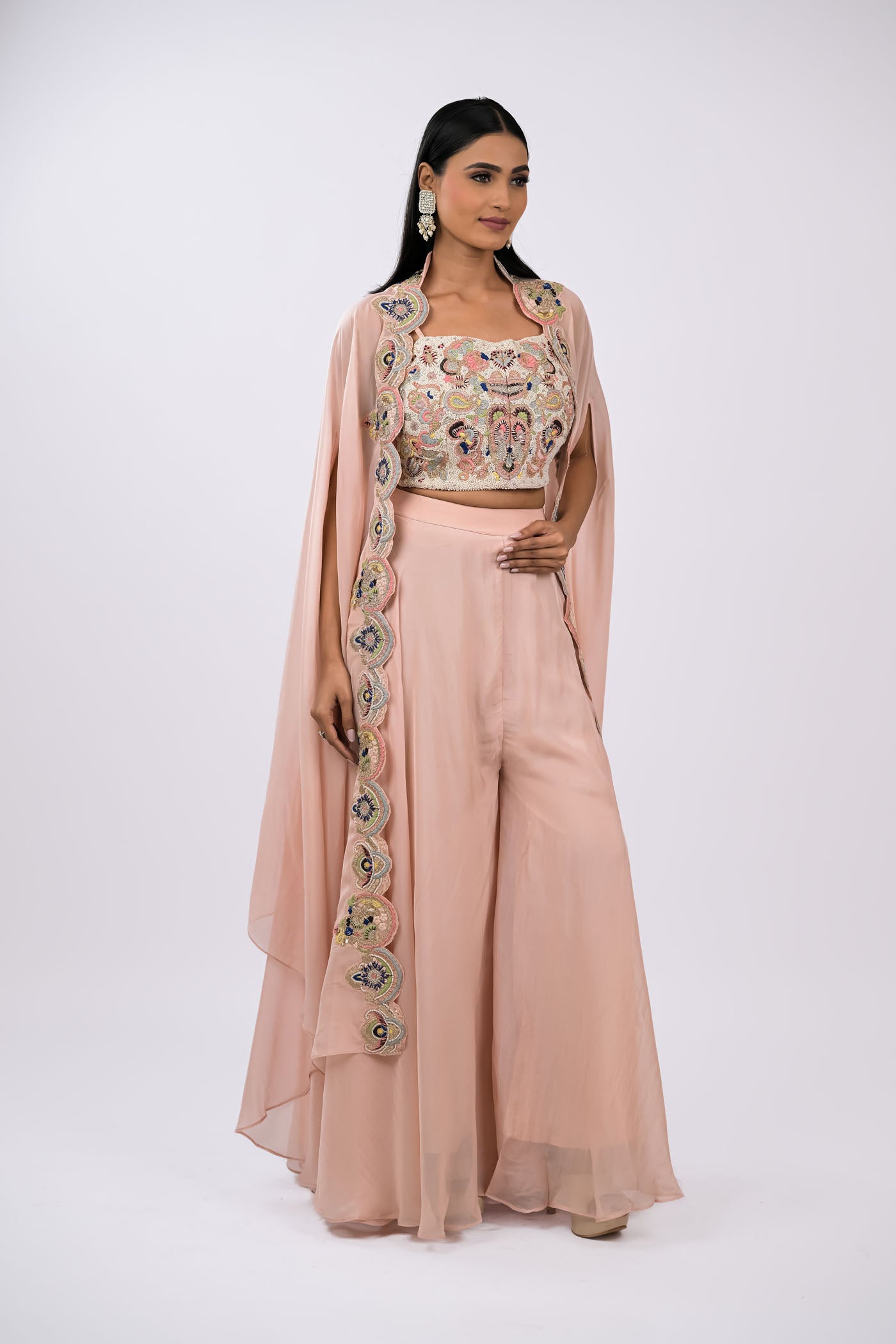 Blush Rose Embroidered Cape Set