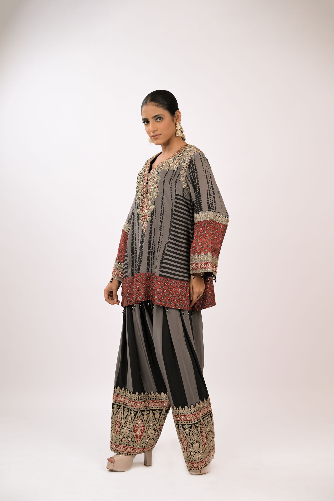 Charcoal Garnet Embroidered Kurta Set