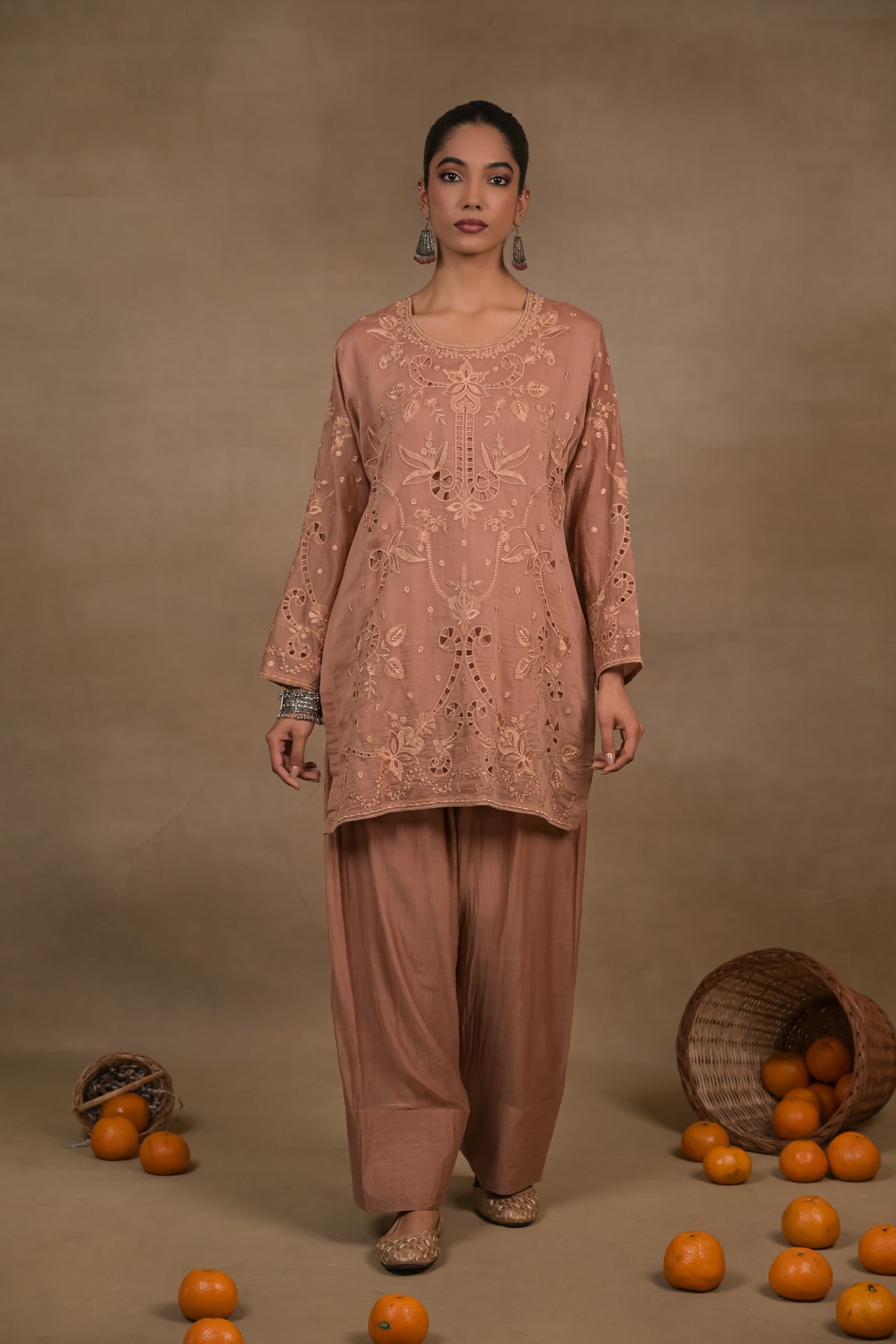 Dusty Rose Embroidered Mul Kurta Set