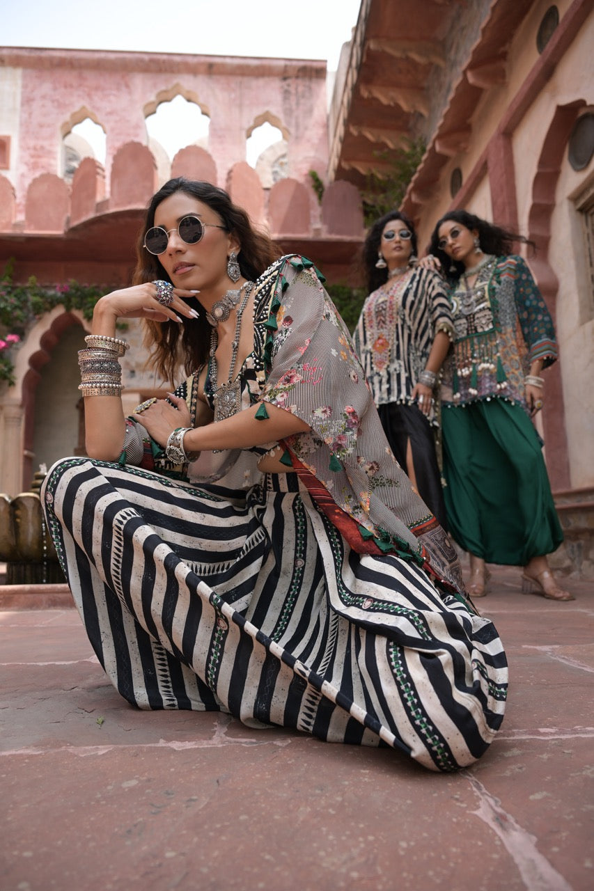 Kutch Striped Co-ord Set with Embroidered Cape