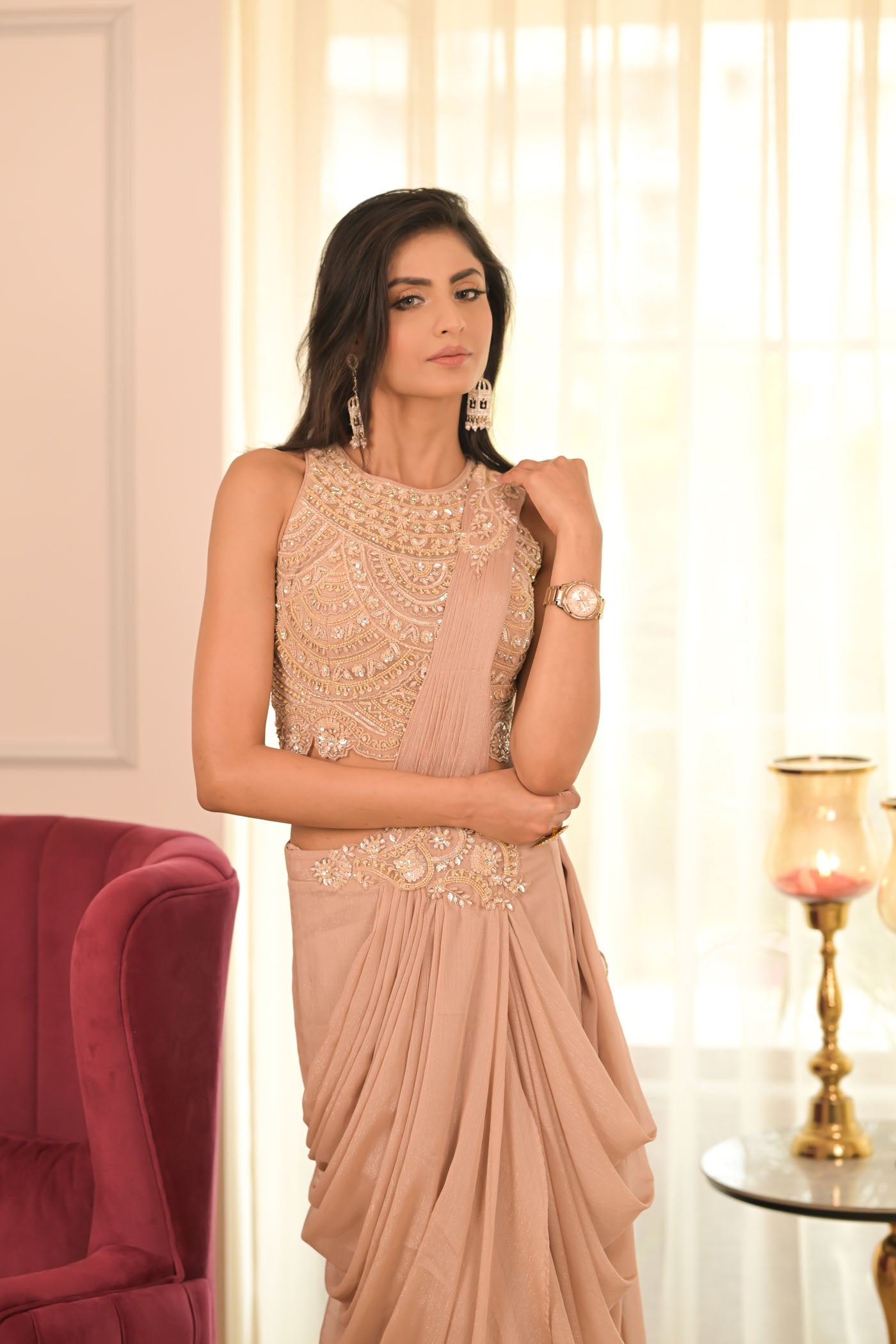 Pink Embroidered Pre-Draped Saree Set