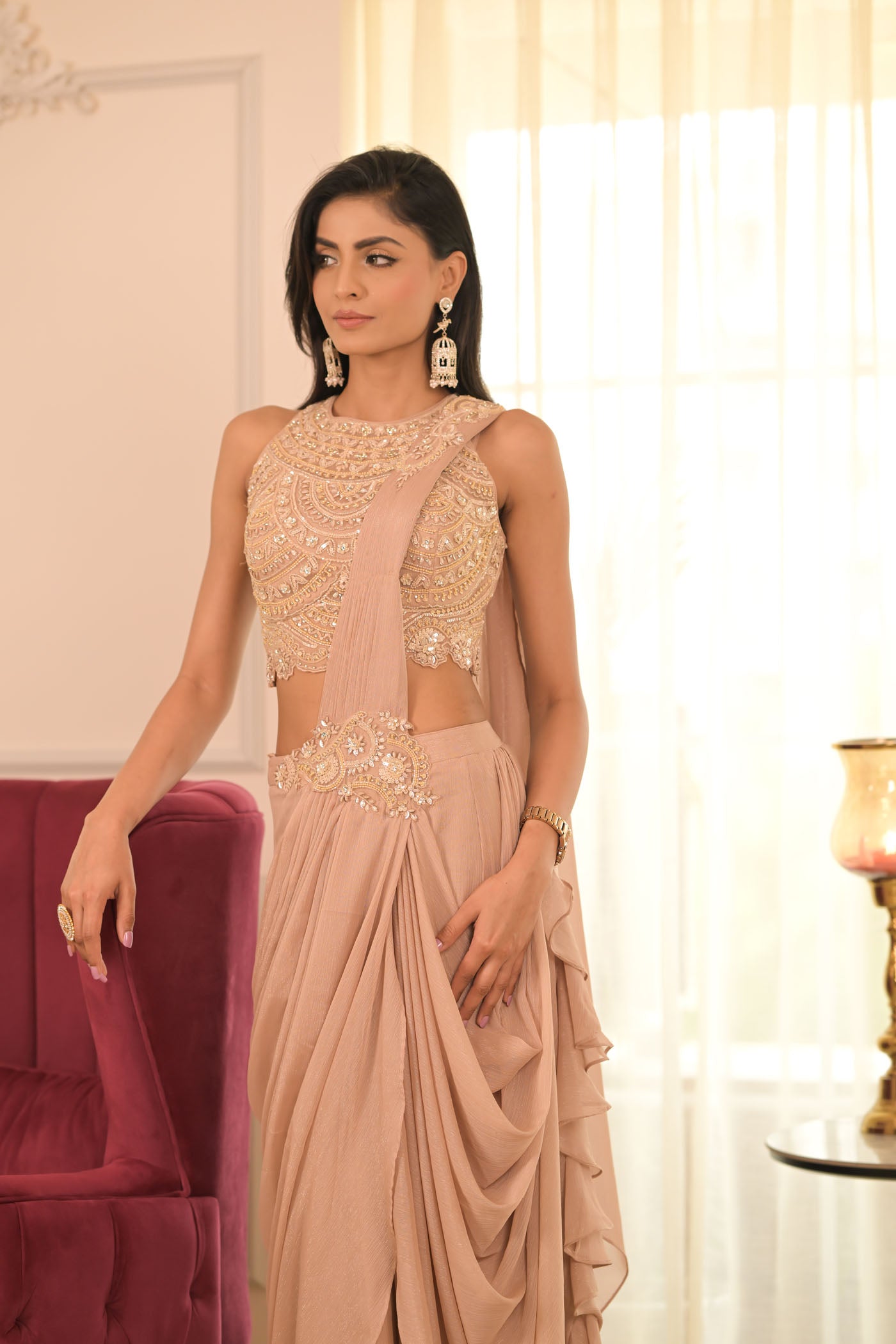Pink Embroidered Pre-Draped Saree Set