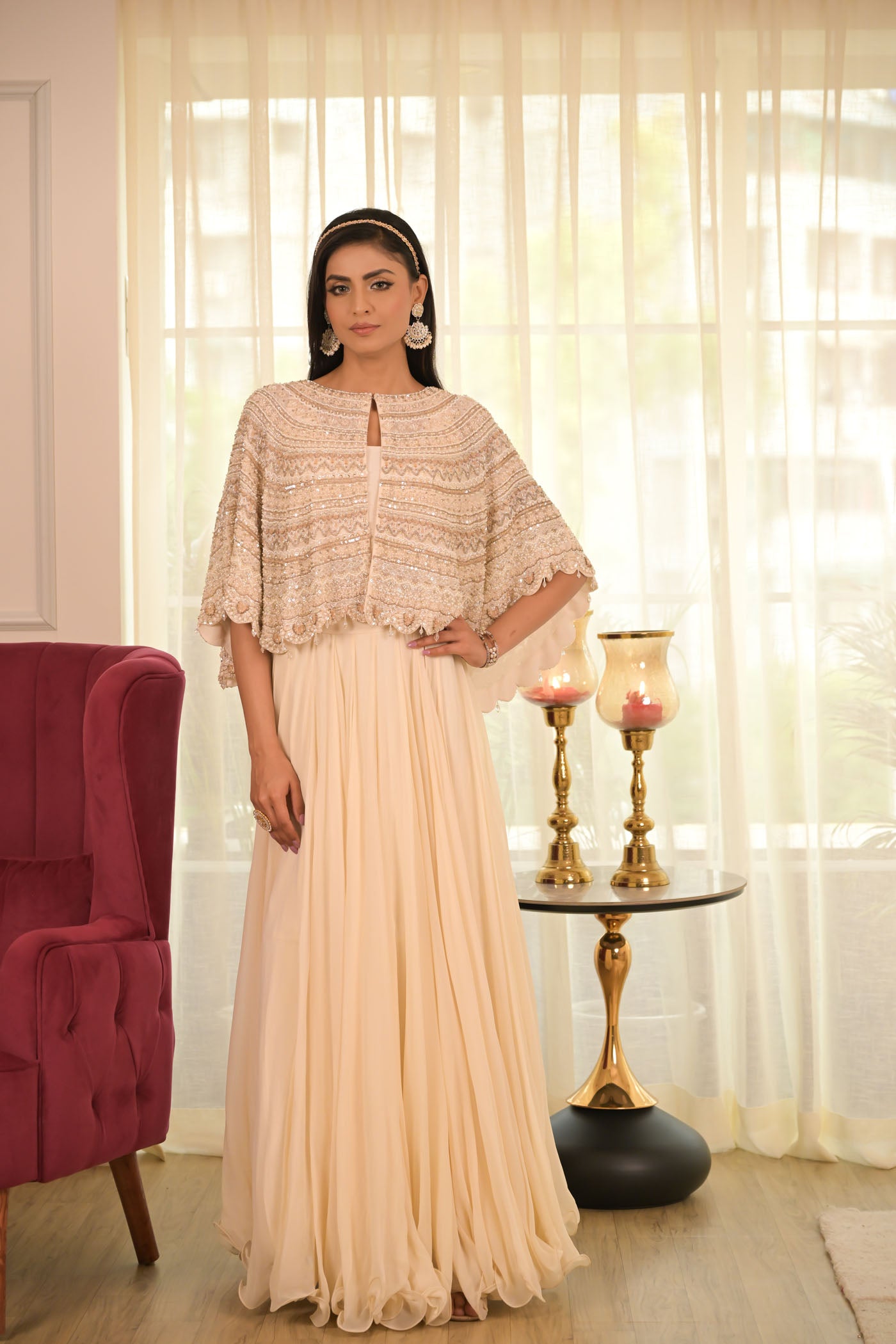Ivory Cape With Flowing Skirt Set