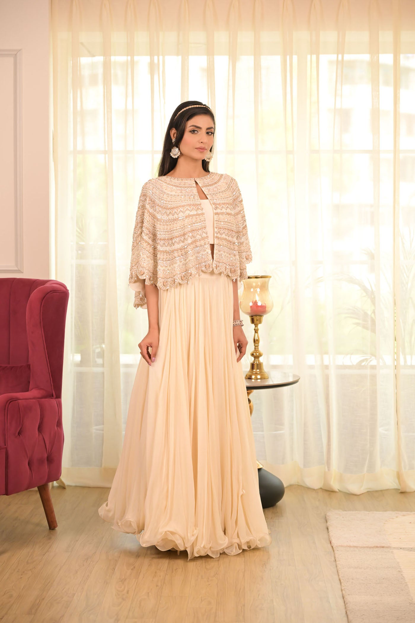 Ivory Cape With Flowing Skirt Set