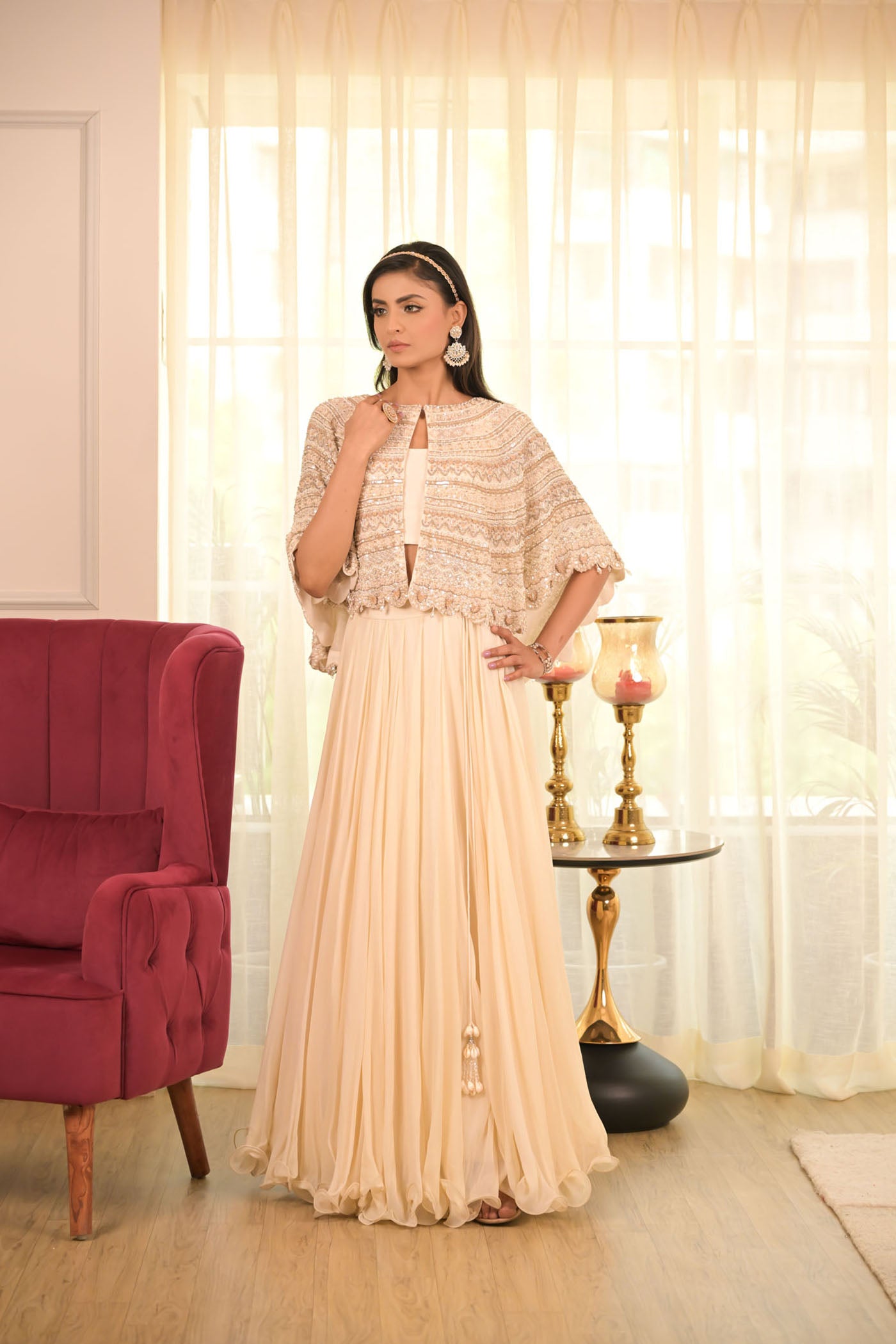 Ivory Cape With Flowing Skirt Set