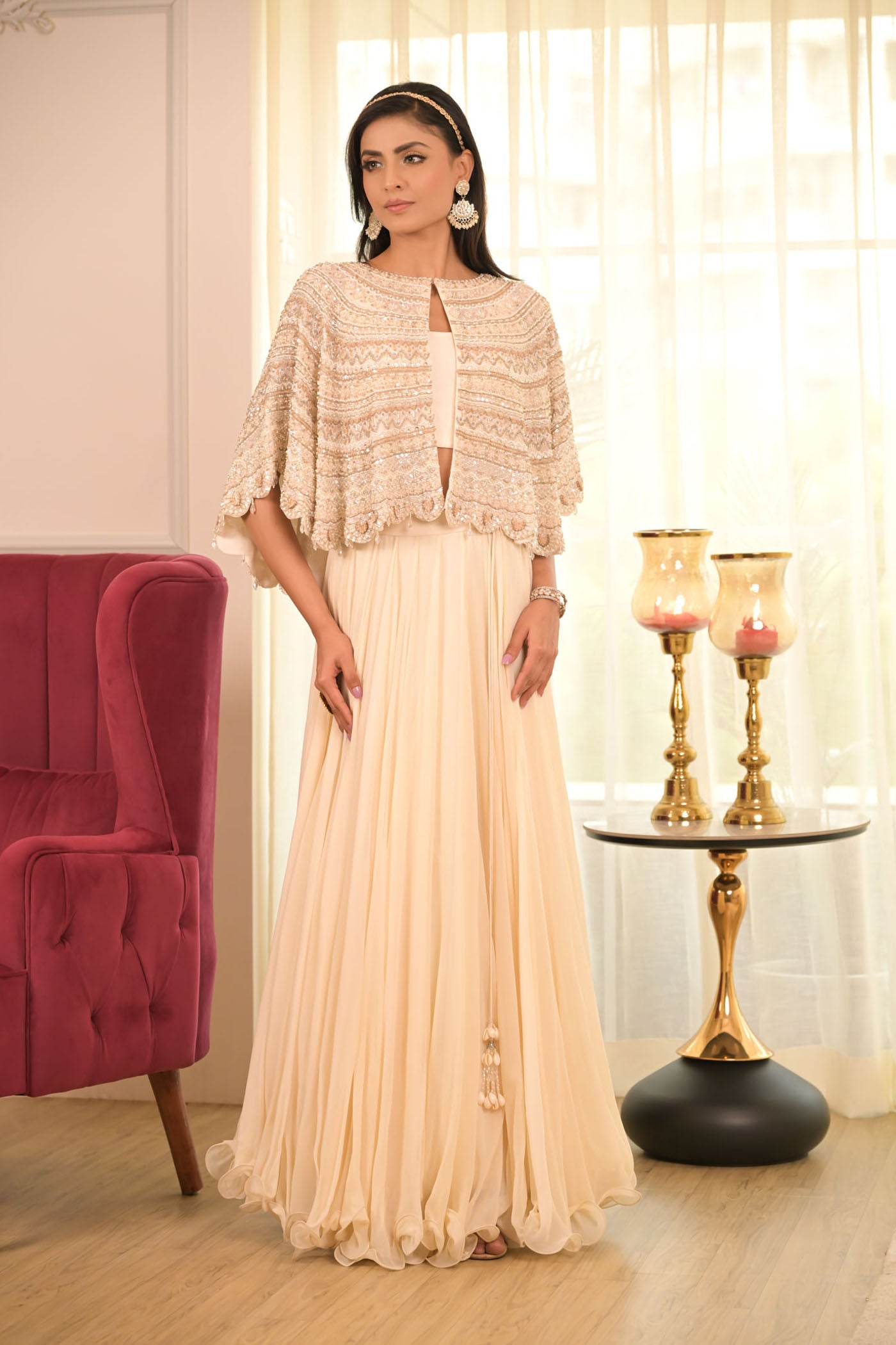 Ivory Cape With Flowing Skirt Set
