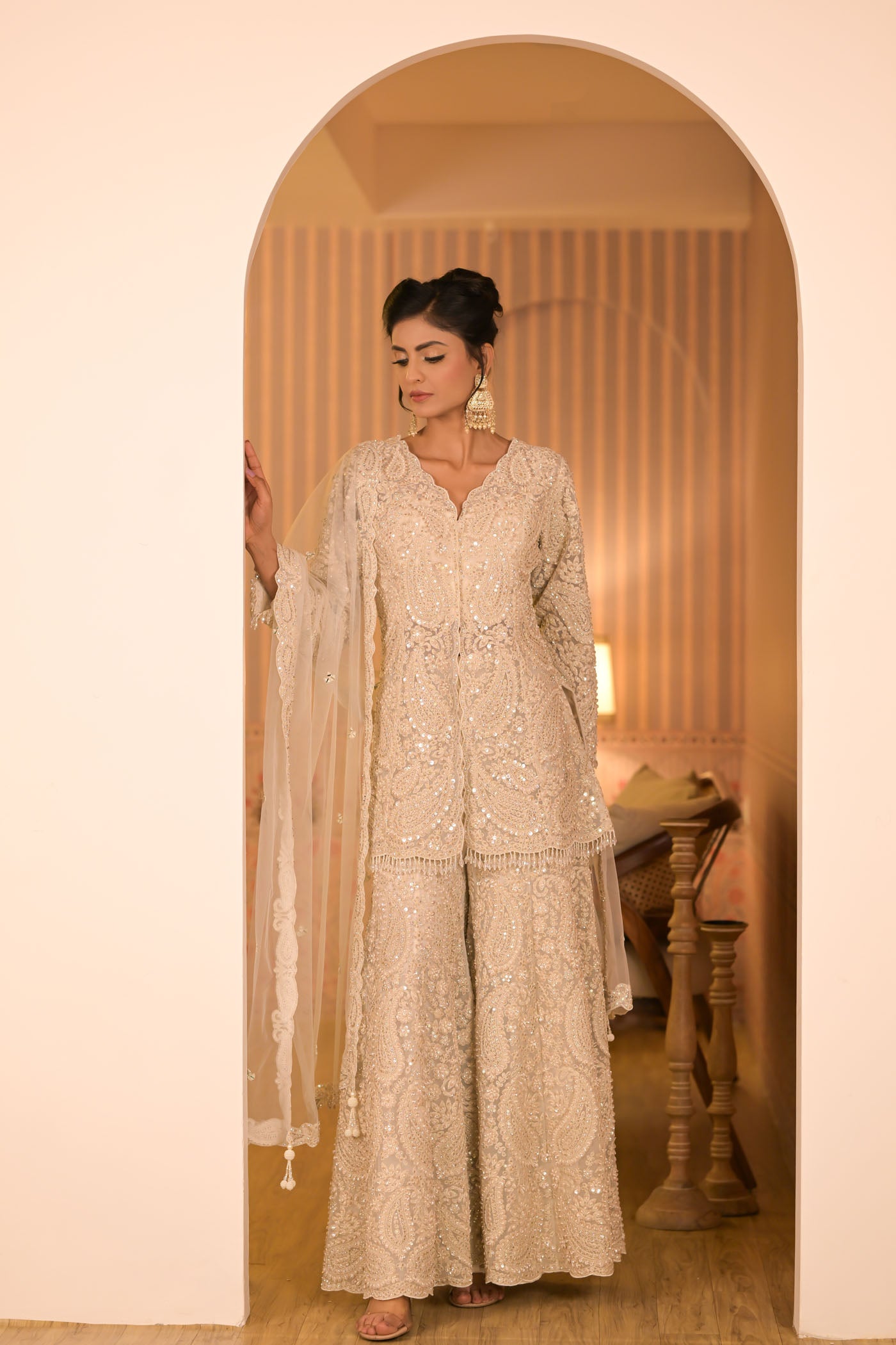 Ivory Embroidered Sharara Set