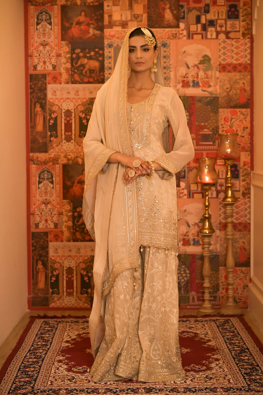 Ivory Gold Embroidered Sharara Set