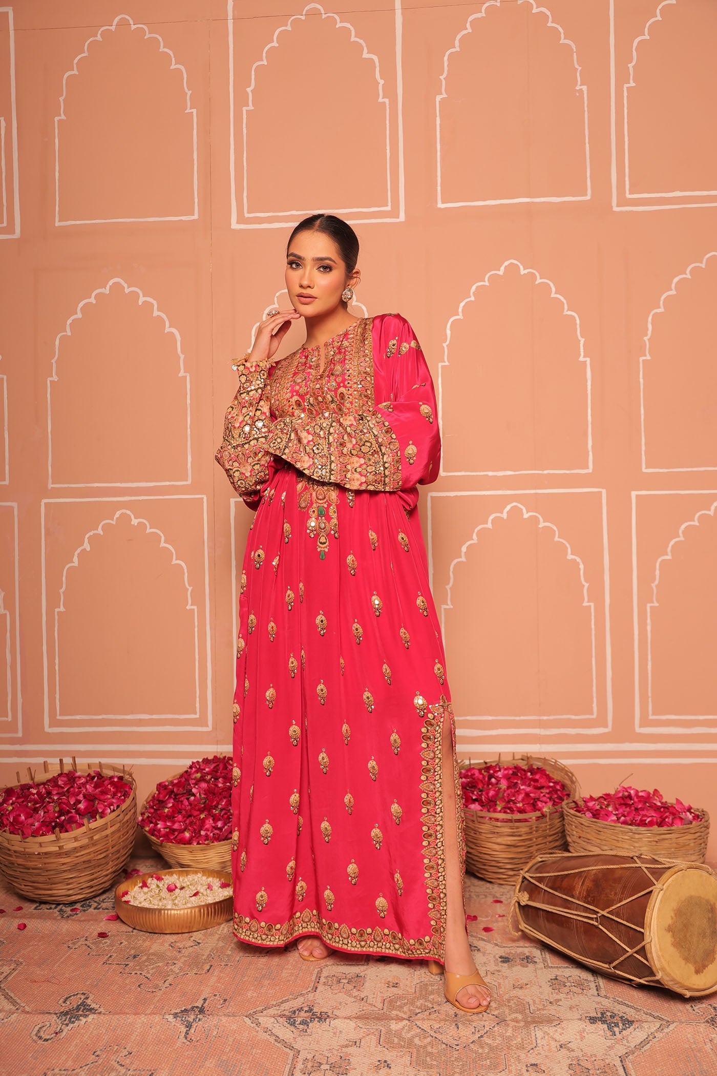 Bhagyashree In Rani Pink Crepe Kaftan with Digital Print & Hand Embroidery