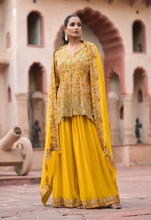 Yellow Peplum Kurta with Gharara Pants