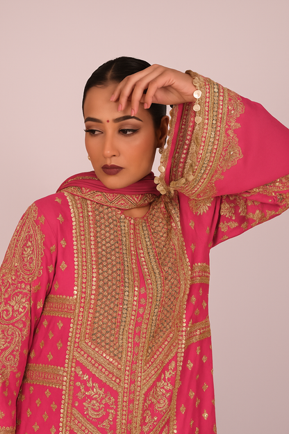 Long Arnarkali suit with wide legged pants and dupatta - Pink