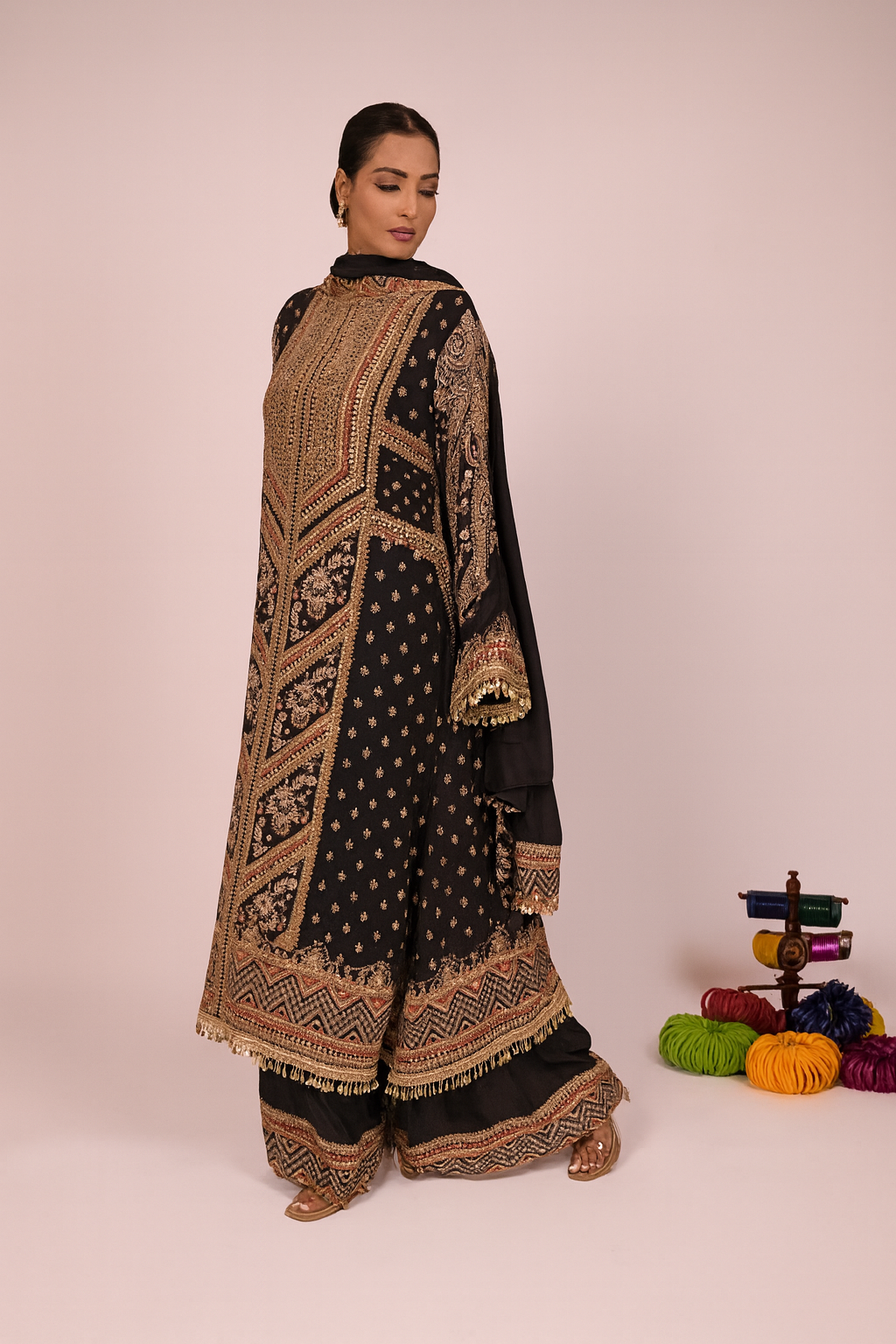 Long Arnarkali suit with wide legged pants and dupatta - Black