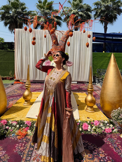 Gold & Wine Handcrafted Panelled Anarkali