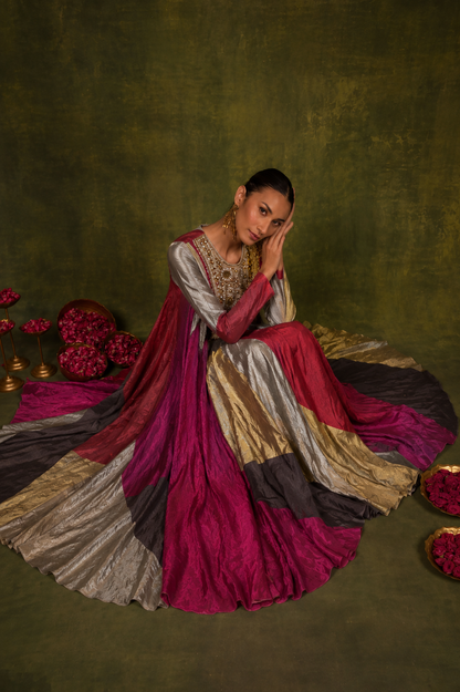 Gold & Wine Handcrafted Panelled Anarkali