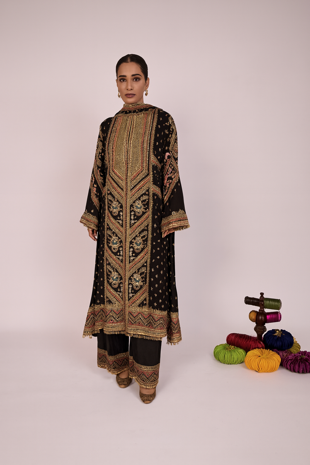 Long Arnarkali suit with wide legged pants and dupatta - Black