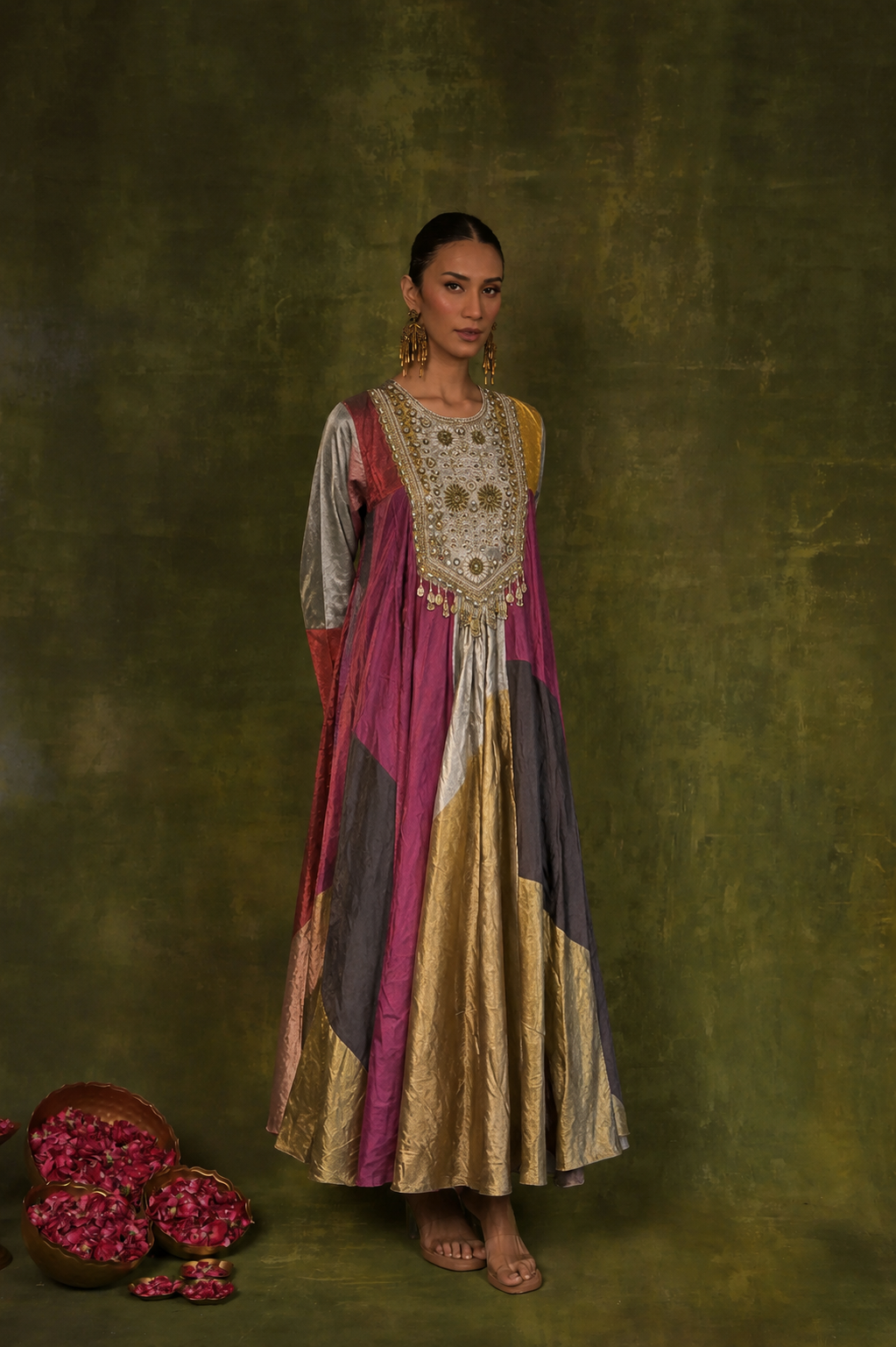 Gold & Wine Handcrafted Panelled Anarkali