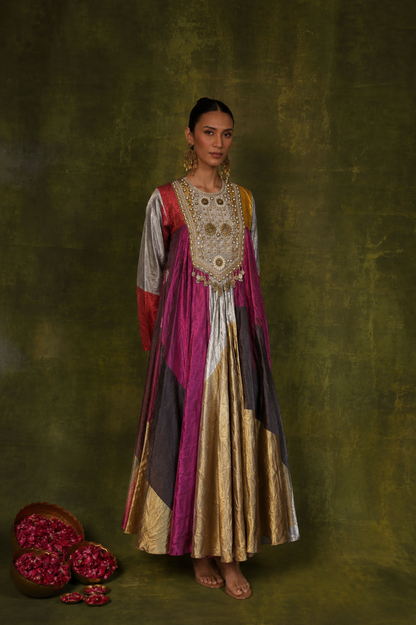 Gold & Wine Handcrafted Panelled Anarkali