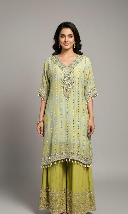 Pastel Green Mirror-Work Kurta Set