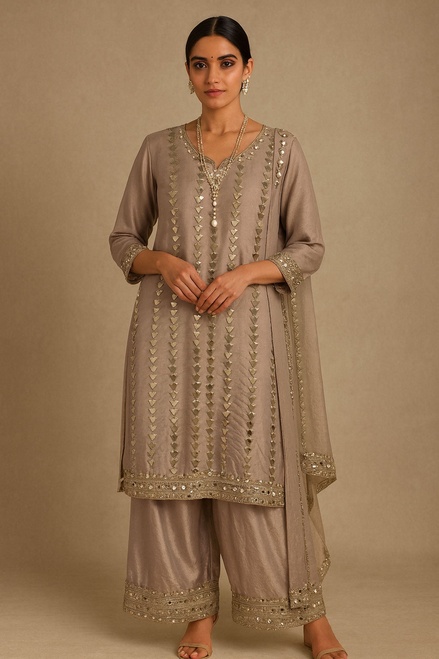 Smoky Silver Handcrafted Mirror-Work Kurta Set