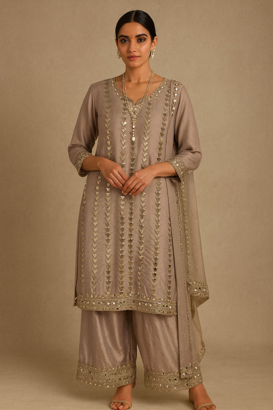 Smoky Silver Handcrafted Mirror-Work Kurta Set