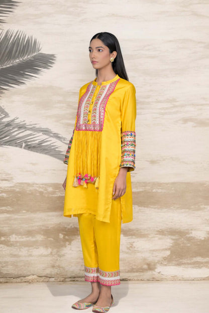 Sunshine Yellow Embroidered Kurta Set with Tassel Detail