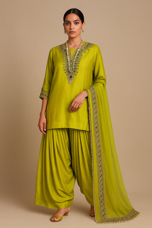 Emerald Glow Satin Organza Kurta Set