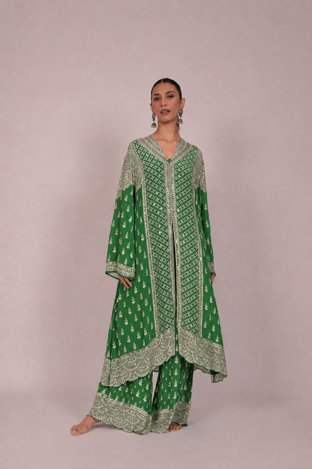 Amethyst Mirror Embroidered Green Long Kurta Set
