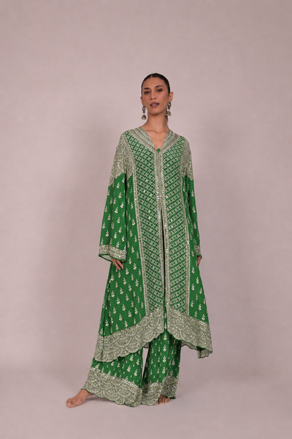 Amethyst Mirror Embroidered Green Long Kurta Set