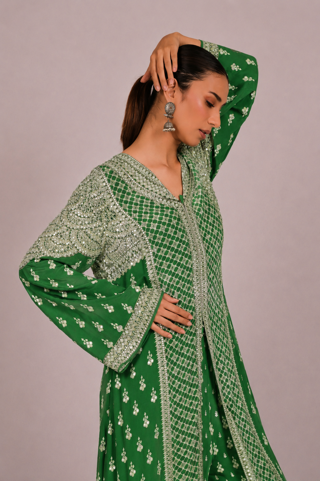 Amethyst Mirror Embroidered Green Long Kurta Set