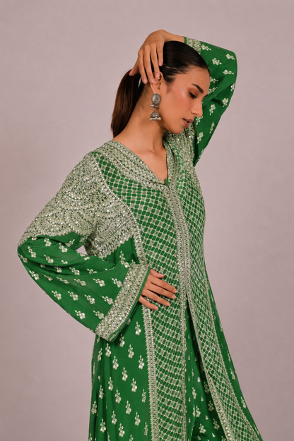 Amethyst Mirror Embroidered Green Long Kurta Set