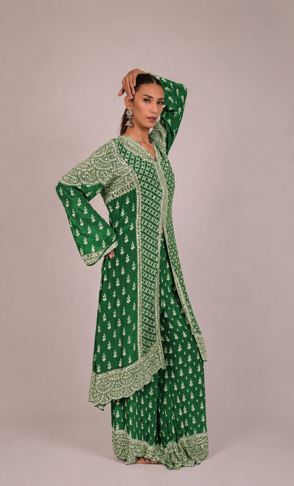 Amethyst Mirror Embroidered Green Long Kurta Set