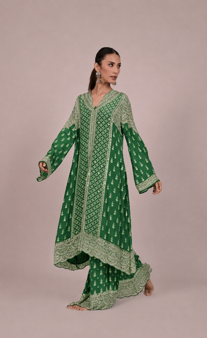 Amethyst Mirror Embroidered Green Long Kurta Set
