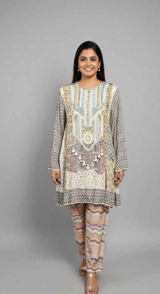 Beige multi colour kurta set
