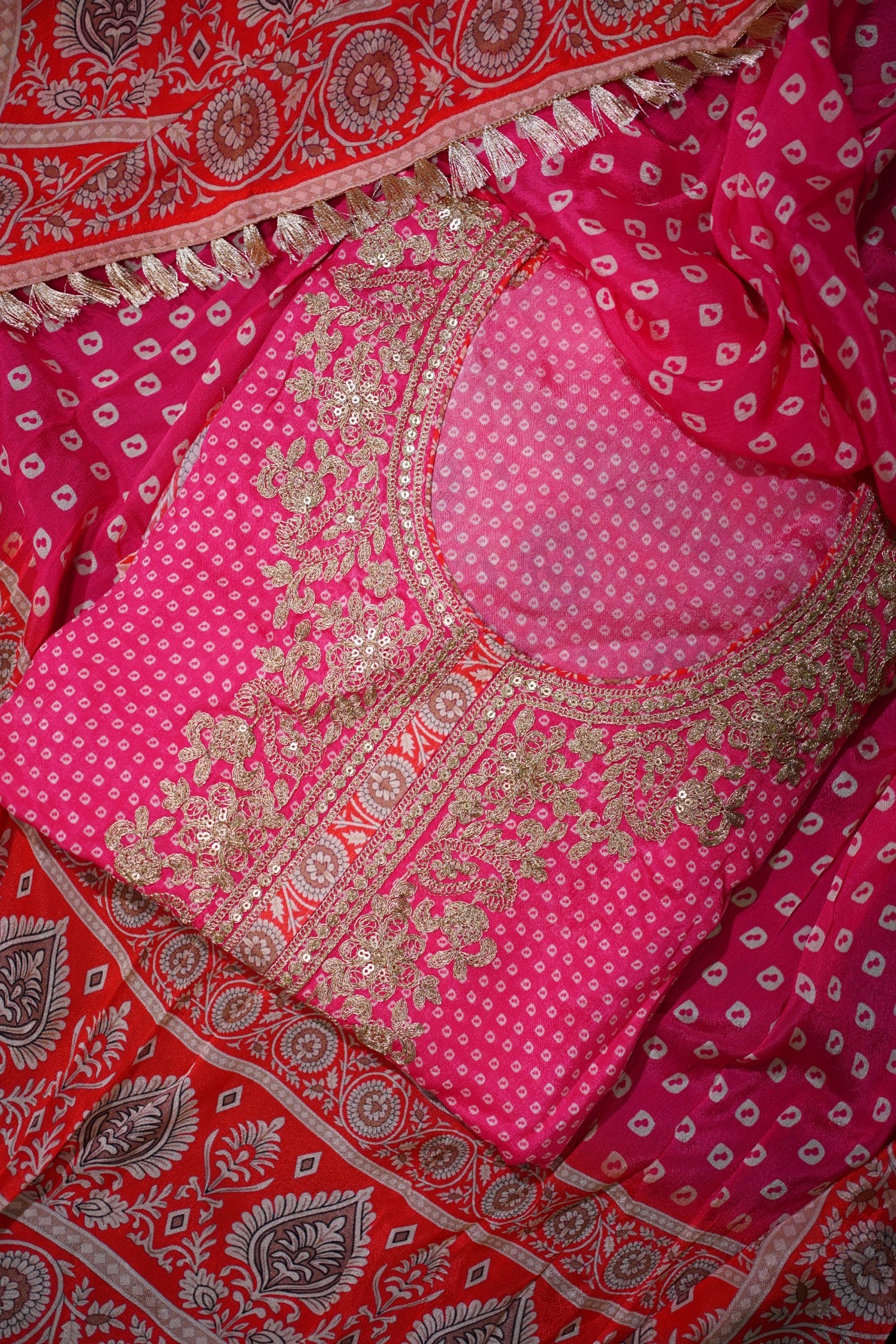 Pink Bandhani Embroidered Chinon Suit Set